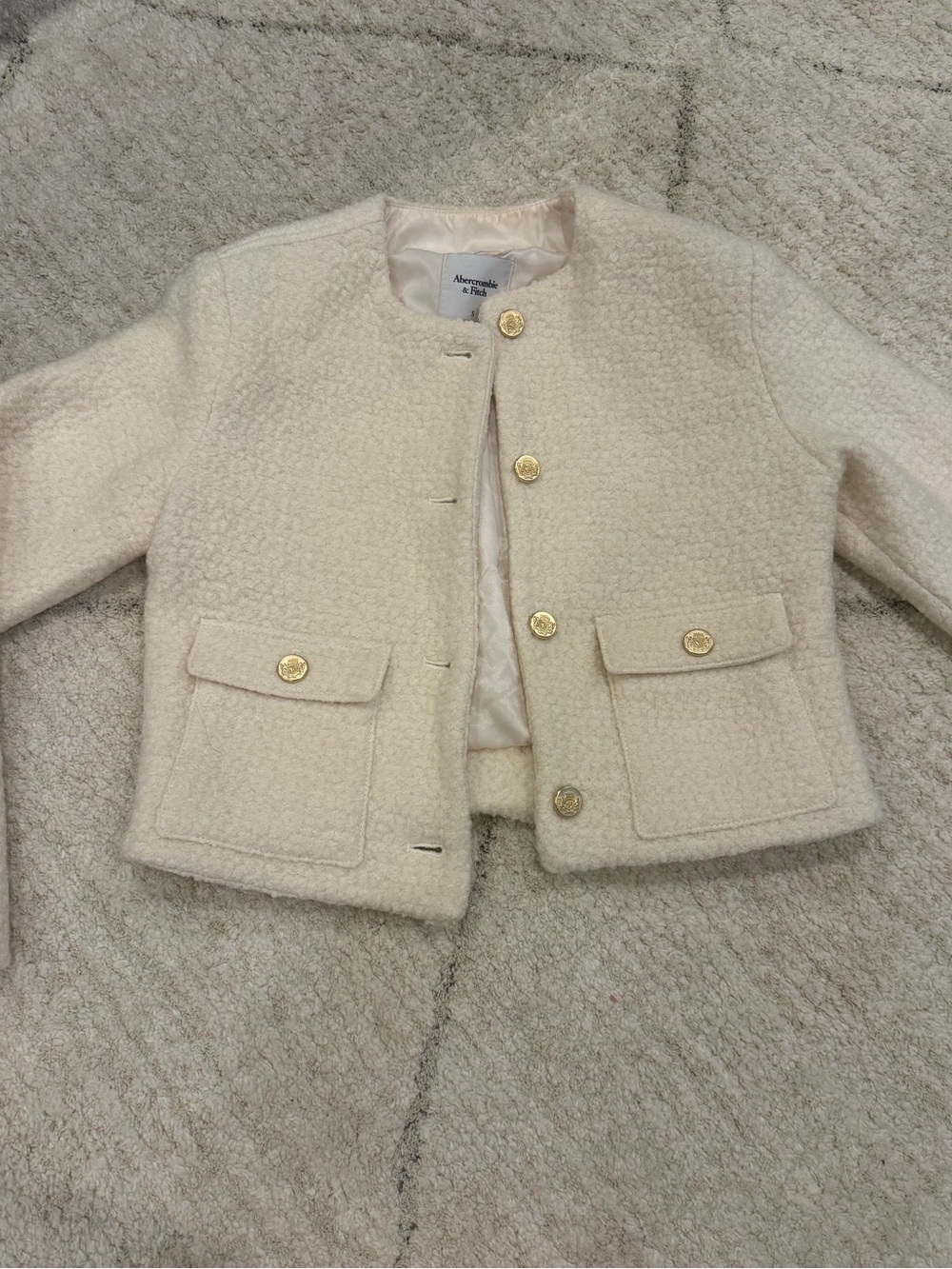 Abercrombie & Fitch Cream Tweed Cropped Blazer with Gold Buttons